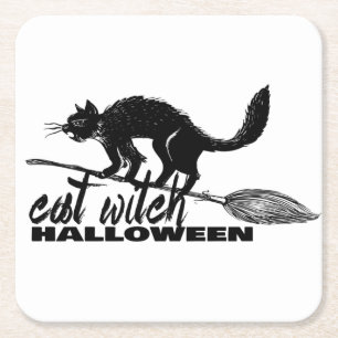 Halloween Funny Cat Hexe auf Broomstick Rechteckiger Pappuntersetzer