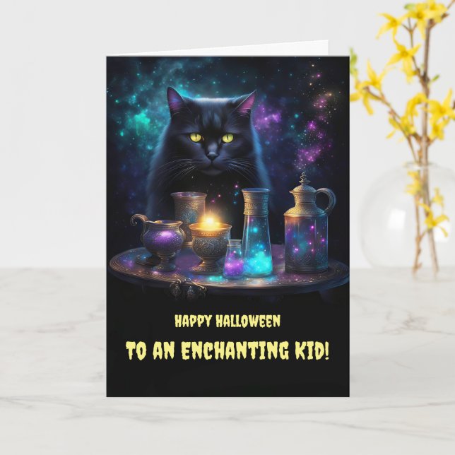 Halloween für Kinder Niedliche Schwarze Katze-Magi Karte (Gelbe Blume)