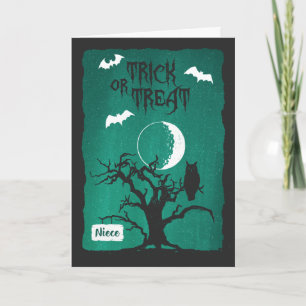 Halloween für Nichte, Eule schiefer Baum Mond & Fl Karte