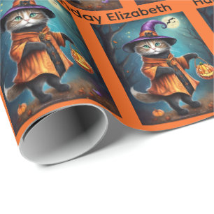 Halloween Geburtstag Personalize Name Hexenkatze Geschenkpapier