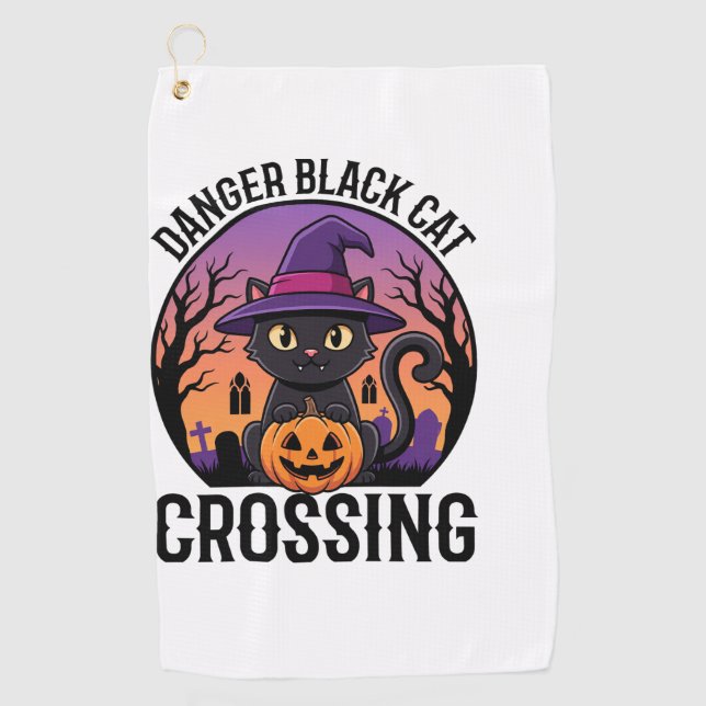 Halloween Gefahr Schwarze Katze Überquerung Golfhandtuch (Vorderseite)