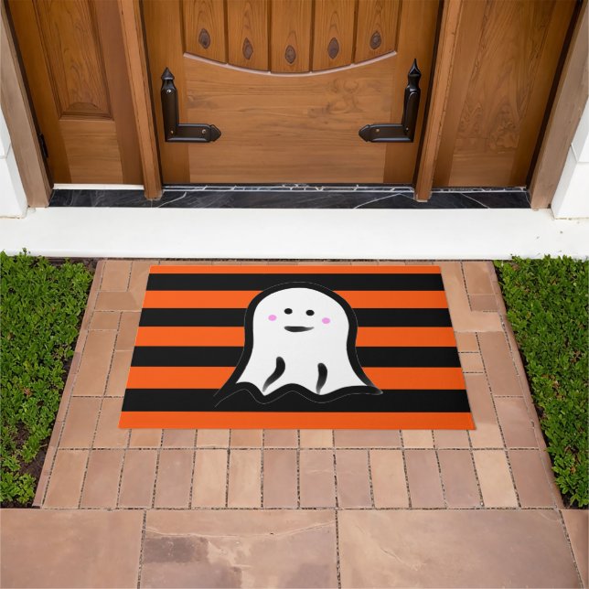 Halloween-Geist auf schwarzen und orangen Streifen Fußmatte (Außenbereich)