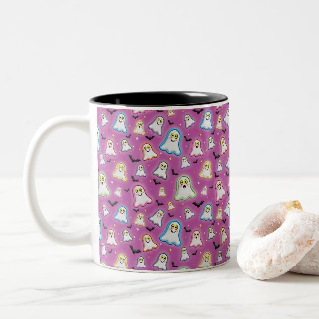 Halloween-Geist, Fledermäuse, Stern, Konfetti Hell Zweifarbige Tasse (Mit Donut)