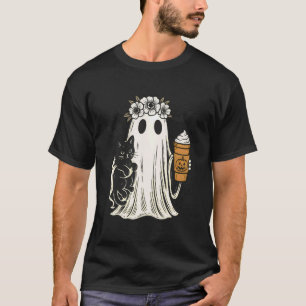 Halloween-Geist hält schwarze Katze mit Eiscreme T-Shirt