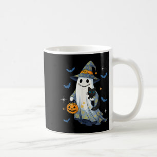 Halloween-Geist Hexe hält schwarze Katze lustiges  Kaffeetasse