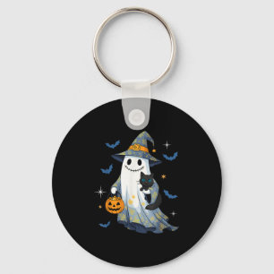Halloween-Geist Hexe hält schwarze Katze lustiges Schlüsselanhänger