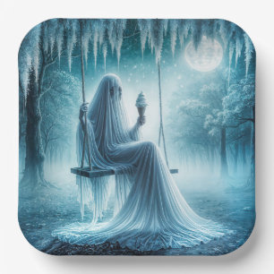 Halloween-Geist isst einen Eiskrem Pappteller