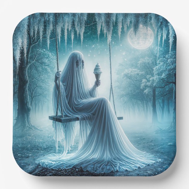 Halloween-Geist isst einen Eiskrem Pappteller (Vorderseite)