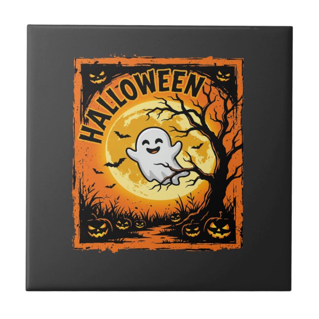 Halloween-Geist-Kürbis-verlassener Baum Fliese (Vorderseite)