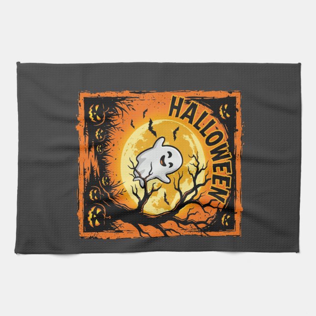 Halloween-Geist-Kürbis-Verlassener-Baum Geschirrtuch (Horizontal)
