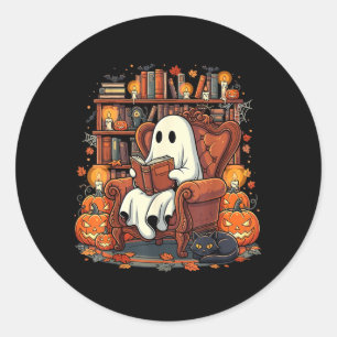 Halloween-Geist liest Bücher Kürbis Schwarze Katze Runder Aufkleber