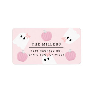 Halloween-Geist-Mädchen-u. Kürbis-Rosa-Adresse Adressaufkleber