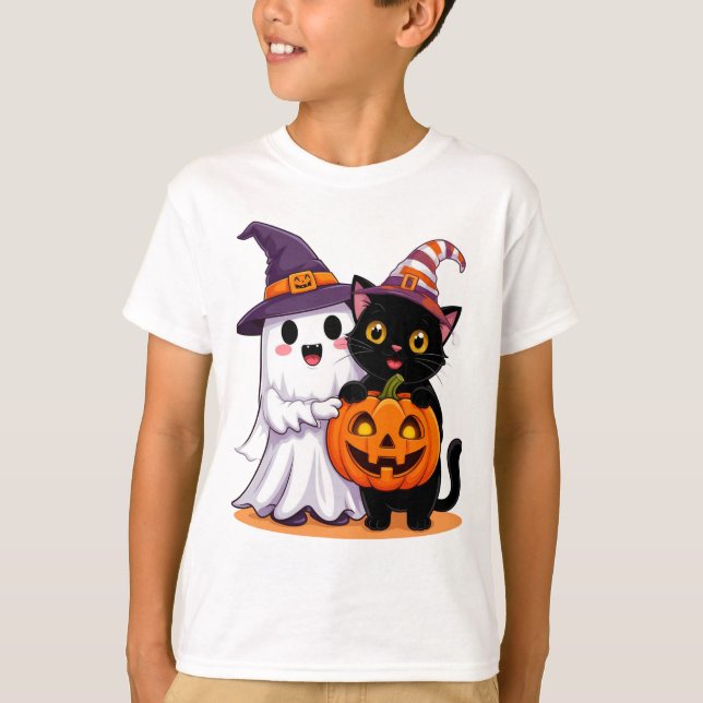 Halloween-Geist mit Kürbis-Katze 👻 T-Shirt (Vorderseite)