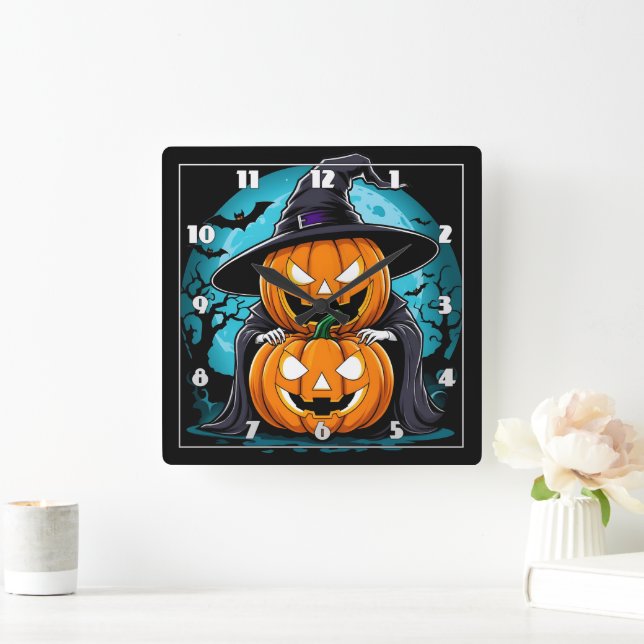 Halloween Geist mit Kürbis unter Mondlicht Quadratische Wanduhr (Zuhause)