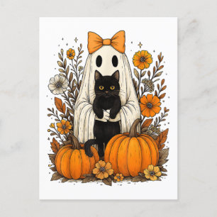Halloween-Geist mit schwarzer Katze Feiertagspostkarte