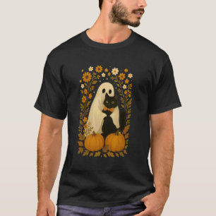 Halloween-Geist mit schwarzer Katze floral süßer S T-Shirt