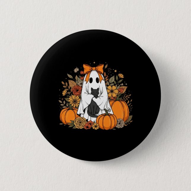 Halloween-Geist mit schwarzer Katze Groovy Floral Button (Vorderseite)