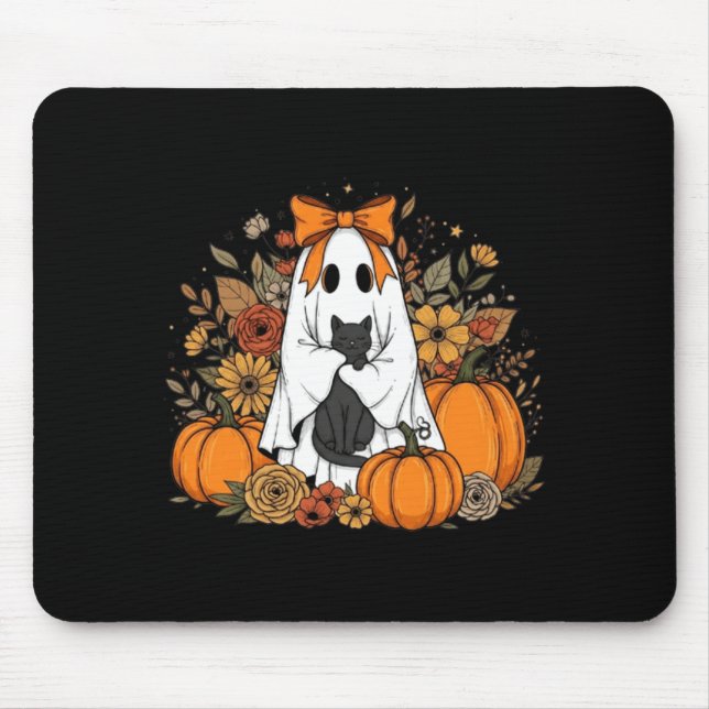 Halloween-Geist mit schwarzer Katze Groovy Floral Mousepad (Vorne)