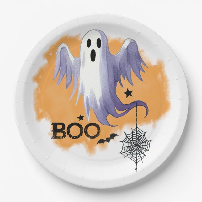HALLOWEEN Geist mit Spinnennetz Pappteller (Vorderseite)
