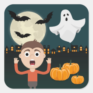 Halloween-Geist-Mond-Fledermäuse-Illustrations-Auf Quadratischer Aufkleber