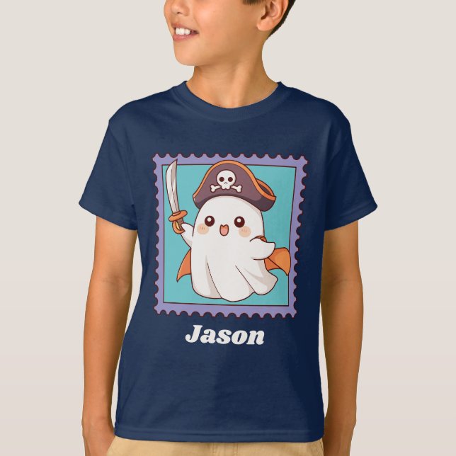 Halloween-Geist-Pirat-Kostüm personalisierter Text T-Shirt (Vorderseite)