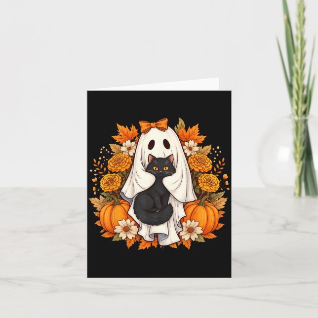 Halloween-Geist Schwarze Katze Blumen Karte (Vorderseite)