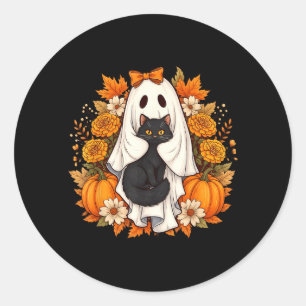 Halloween-Geist Schwarze Katze Blumen Runder Aufkleber
