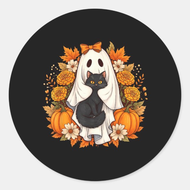 Halloween-Geist Schwarze Katze Blumen Runder Aufkleber (Vorderseite)