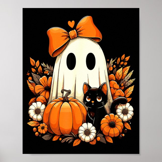 Halloween Geist Schwarze Katze Blumig Groovy Poster (Vorne)