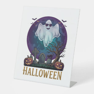 Halloween-Geist-Sonnenbrille Lila Mond Friedhof_1 Sockelschild
