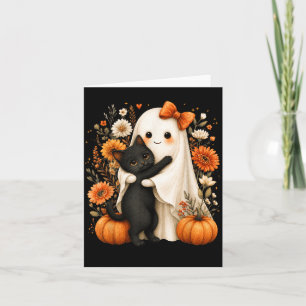 Halloween-Geist umarmt schwarze Katze Kürbis Blume Karte
