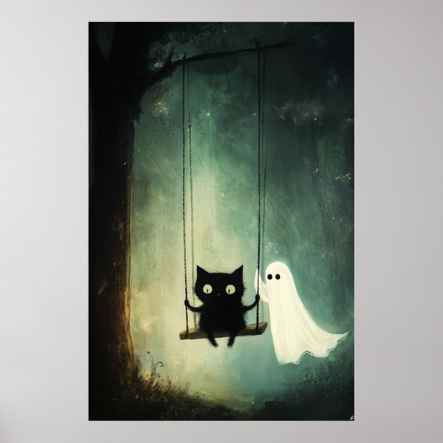 Halloween-Geist und Schwarze Katze auf dem Schwung Poster (Vorne)