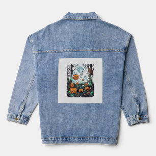 Halloween-Geister Gruselige Kürbisse Eule Vollmond Jeansjacke