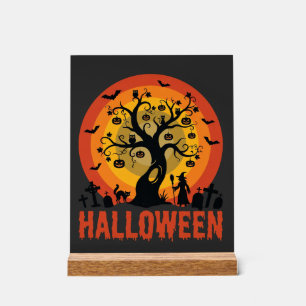 Halloween Geisterbaum Hexe und schwarze Katzen Acrylschild