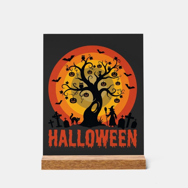 Halloween Geisterbaum Hexe und schwarze Katzen Acrylschild (Vorderseite)