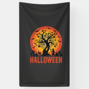 Halloween-Geisterbaum-Hexe und schwarze Katzen Banner