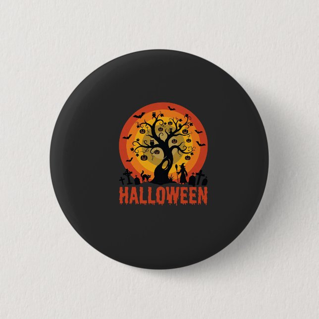 Halloween Geisterbaum Hexe und schwarze Katzen Button (Vorderseite)