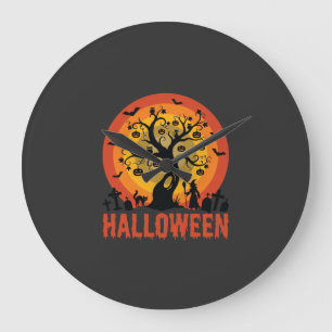 Halloween Geisterbaum Hexe und schwarze Katzen Große Wanduhr