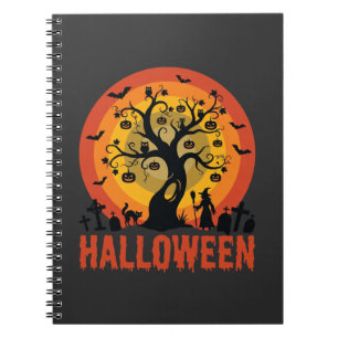 Halloween-Geisterbaum-Hexe und schwarze Katzen Notizblock