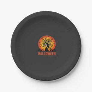 Halloween-Geisterbaum-Hexe und schwarze Katzen Pappteller