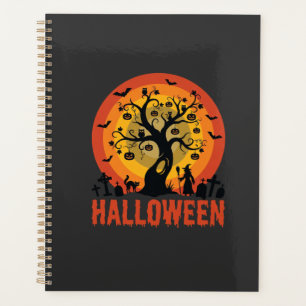 Halloween-Geisterbaum-Hexe und schwarze Katzen Planer