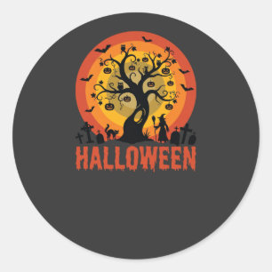 Halloween Geisterbaum Hexe und schwarze Katzen Runder Aufkleber