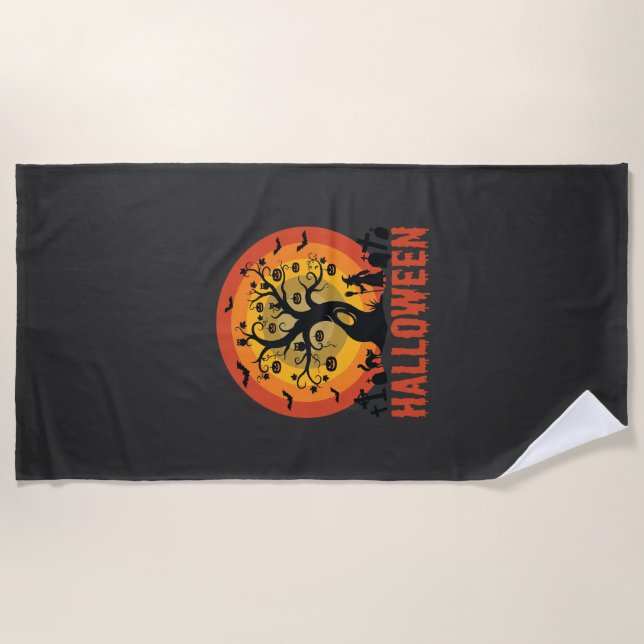 Halloween Geisterbaum Hexe und schwarze Katzen Strandtuch (Vorderseite)