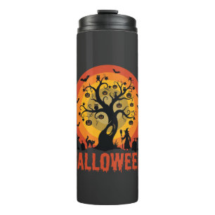 Halloween Geisterbaum Hexe und schwarze Katzen Thermosbecher