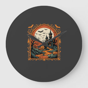 Halloween Geisterburg Kürbis Mond Vektorgrafik Große Wanduhr