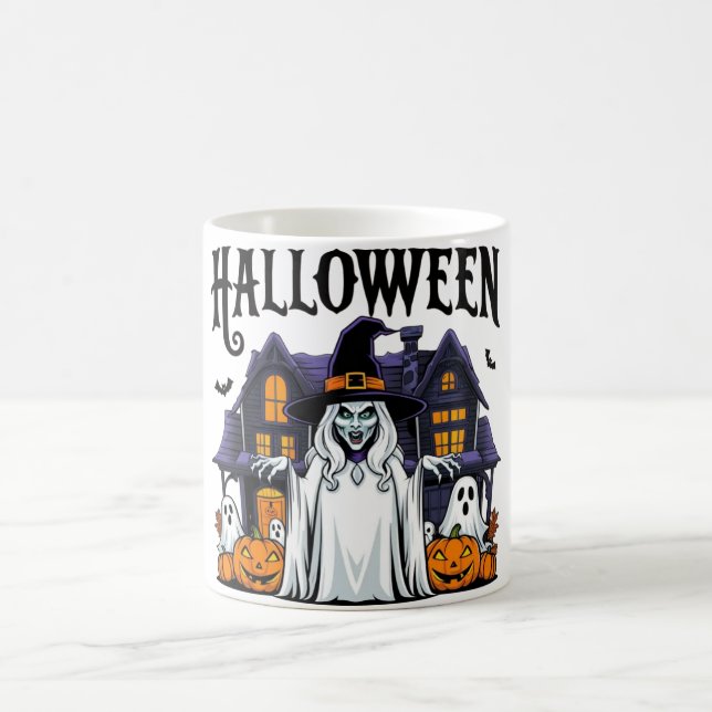 Halloween-Geisterhaus, Kürbisse, Hexen, Fledermäus Kaffeetasse (Mittel)