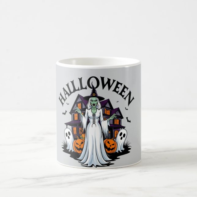 Halloween-Geisterhaus, Kürbisse, Hexen, Fledermäus Kaffeetasse (Mittel)