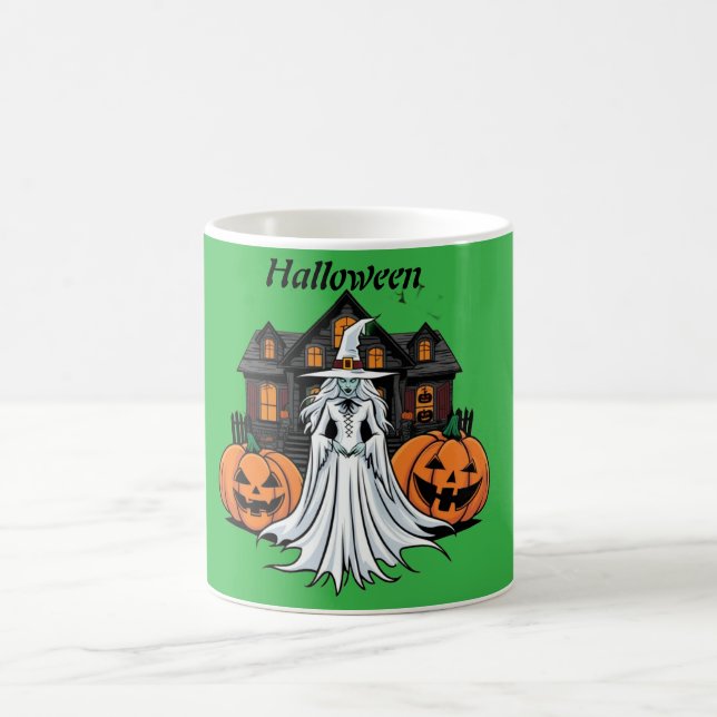 Halloween-Geisterhaus, Kürbisse, Hexen, Fledermäus Kaffeetasse (Mittel)