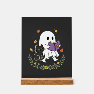 Halloween-Geisterkatze liest Buch Florales Design_ Acrylschild