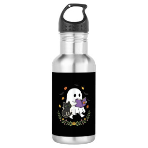 Halloween-Geisterkatze liest Buch Florales Design_ Edelstahlflasche